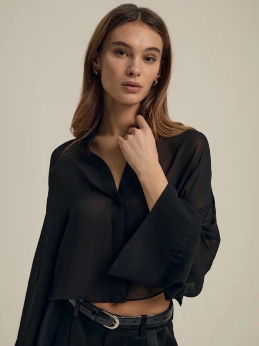 NWT Favorite Daughter Black Belle of the Ball Sheer Blouse Size M Flare Sleeves